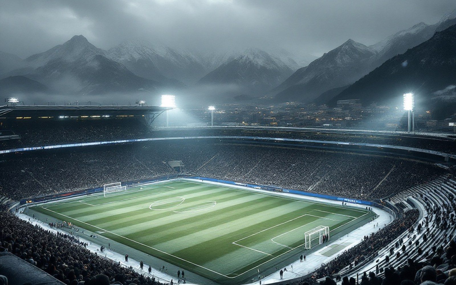 A floodlit pitch seen from a high terrace, half the stand in shadow