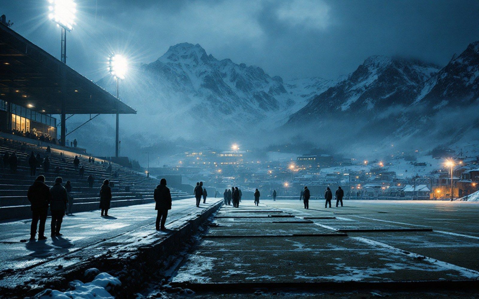 A floodlit stand at dusk, figures standing, cold air